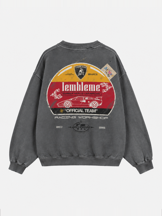L'EMBLEME L'E Countach washed grey heavyweight crewneck back view with racing graphic