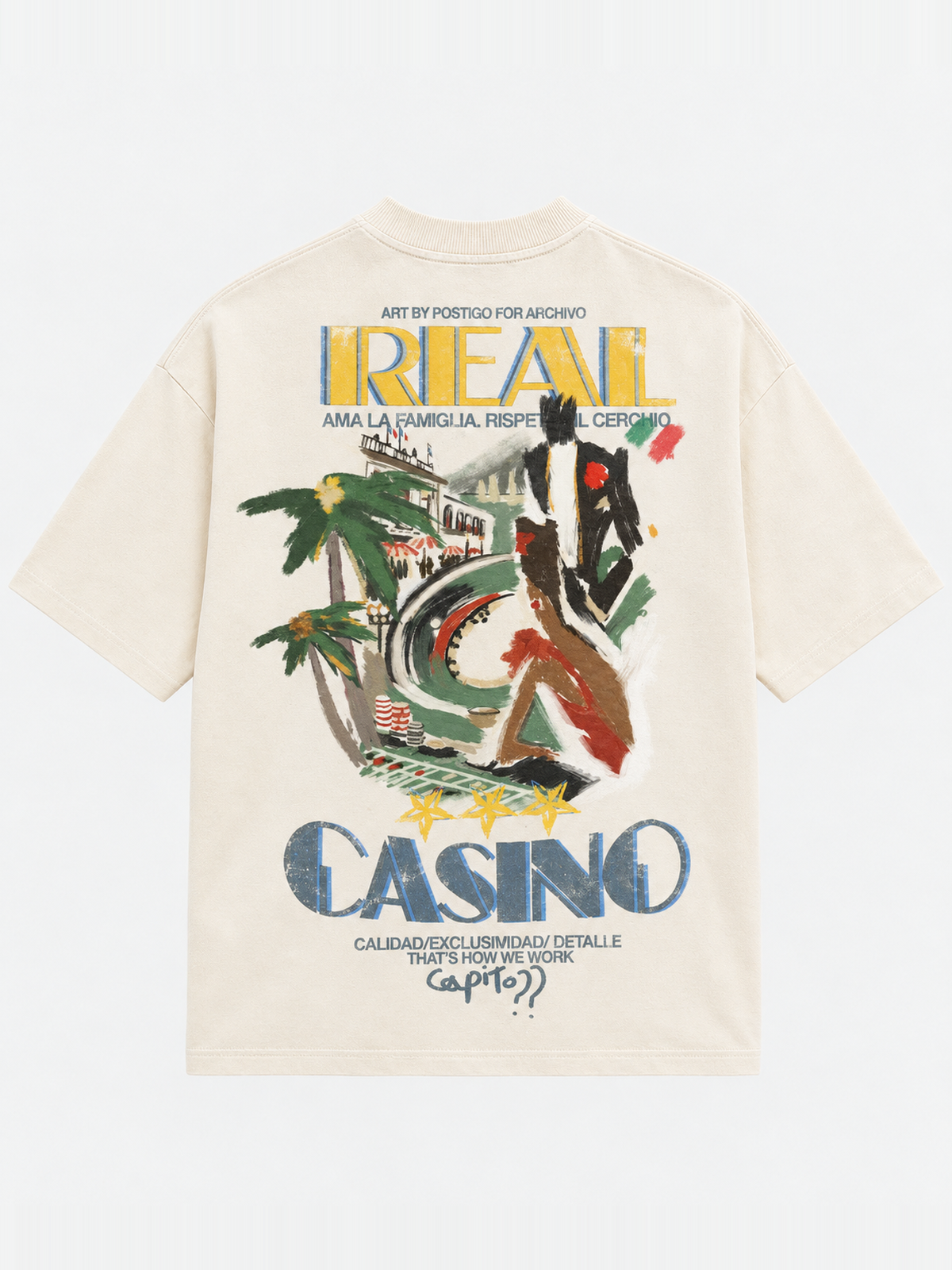 REAL CASINO off-white heavyweight T-shirt by L'EMBLEME with illustrated back graphic