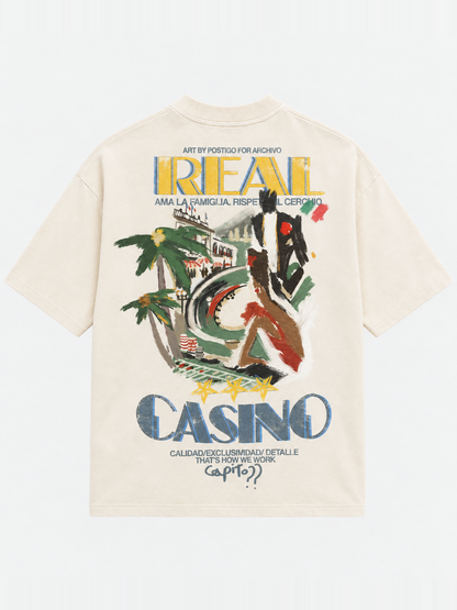 REAL CASINO off-white heavyweight T-shirt by L'EMBLEME with illustrated back graphic