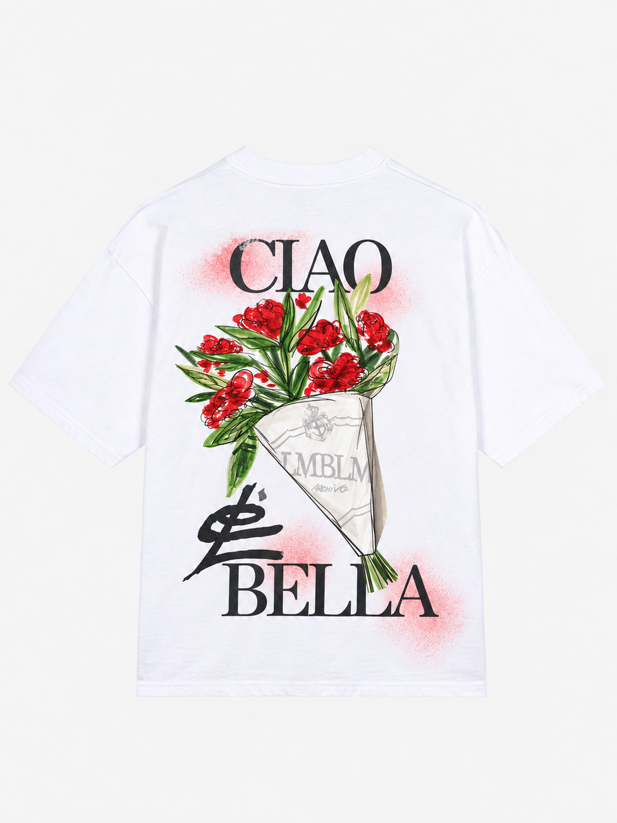 CIAO BELLA white heavyweight T-shirt by L'EMBLEME with floral graphic, back view