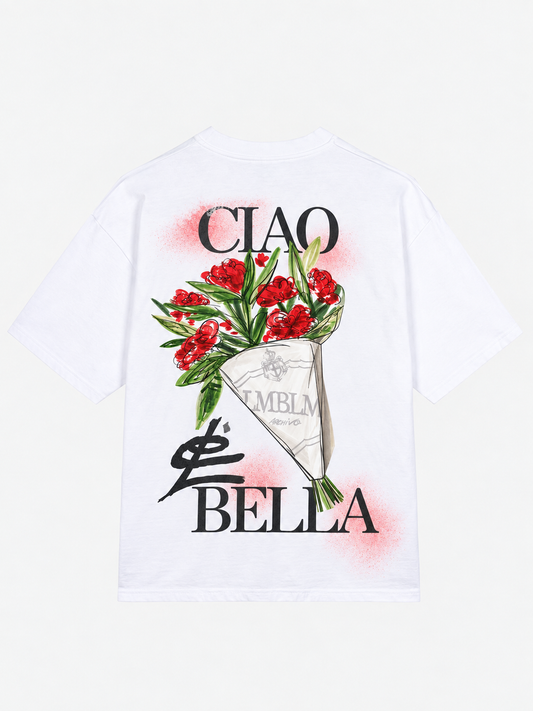 CIAO BELLA white heavyweight T-shirt by L'EMBLEME with floral graphic, back view