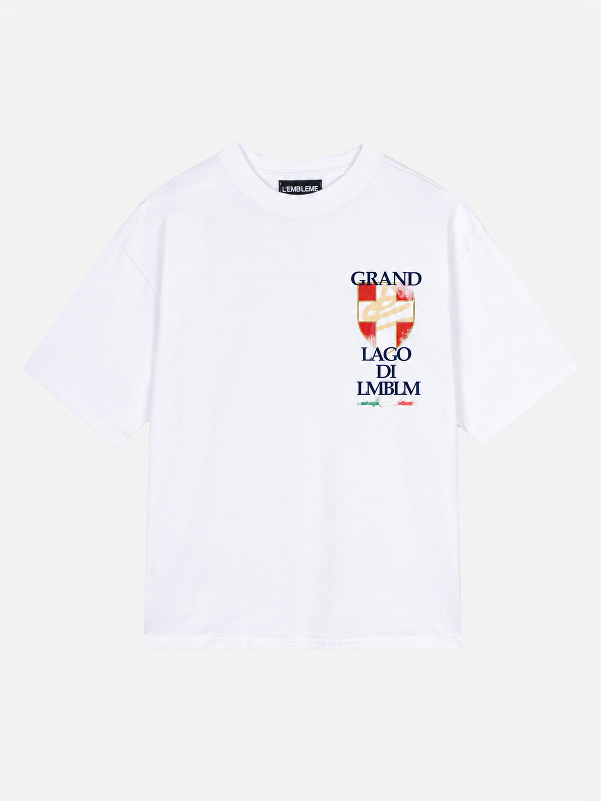 GRAND LAGO white heavyweight T-shirt by L'EMBLEME with vintage lake graphic, back view