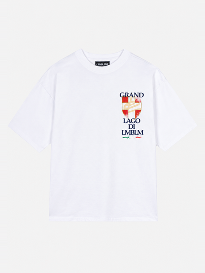 GRAND LAGO white heavyweight T-shirt by L'EMBLEME with vintage lake graphic, back view